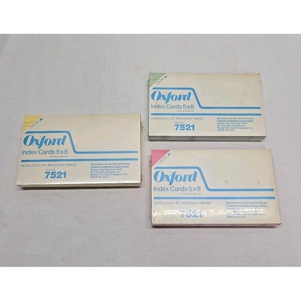 Vintage Oxford 5×8 Index Cards Green Pink Yellow Sealed --READ---